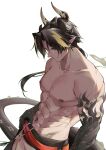  1boy abs absurdres arknights black_hair black_skin blonde_hair brown_eyes chong_yue_(arknights) closed_mouth collarbone colored_skin dragon_boy dragon_horns dragon_tail from_side highres horns jiusan_naitan long_hair looking_at_viewer low_ponytail male_focus multicolored_hair muscular muscular_male navel nipples pectorals smile solo tail topless_male two-tone_hair upper_body 