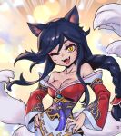  1girl ahri_(league_of_legends) animal_ears bangs bare_shoulders black_hair blush breasts cleavage collarbone detached_sleeves facial_mark fangs fox_ears fox_tail korean_clothes kumiho large_breasts league_of_legends long_hair looking_at_viewer multicolored_background multiple_tails phantom_ix_row shiny_skin smile solo tail whisker_markings yellow_eyes 