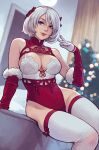  1girl bangs bare_shoulders blue_eyes bow christmas_tree curtains elbow_gloves gloves grey_hair groin hair_between_eyes hair_bow hair_ornament highres indoors leotard nier_(series) nier_automata no_blindfold red_bow red_gloves red_leotard short_hair sitting sneakveek solo thighhighs two-tone_gloves white_gloves white_leotard white_thighhighs yorha_no._2_type_b 