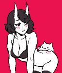 1girl all_fours animal bangs blush bottomless breasts cat cleavage collarbone horns large_breasts looking_back meme original pixel_art red_background short_hair simple_background sneakveek solo spanking teeth thighhighs 