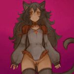  clothed clothing felid feline female genitals humanoid mammal orange_eyes partially_clothed pussy simple_background solo syvaron tail 