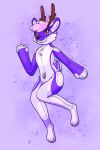  2021 absurd_res animate_inanimate anthro antlers chest_tuft deer digital_drawing_(artwork) digital_media_(artwork) hair hi_res horn inflatable leeam living_inflatable looking_at_viewer male mammal pink_eyes pink_hair pool_toy purple_body rubber short_tail smile solo sudsypup tail tuft 