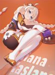  1girl ahoge bangs blue_eyes bodysuit braid character_name closed_mouth coffee_mug cup highres holding holding_cup honkai_(series) honkai_impact_3rd huangtielin357 kiana_kaslana kiana_kaslana_(white_comet) long_hair looking_at_viewer lying mug on_side orange_background smile solo twin_braids white_bodysuit white_hair 