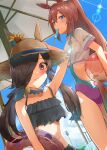  2girls abish absurdres agnes_digital_(umamusume) ahoge alternate_hairstyle animal_ears ball beachball bikini black_bikini blue_eyes blush brown_hair butt_crack casual_one-piece_swimsuit choker cloud frilled_bikini frills hair_ornament hair_over_one_eye hand_on_headwear hat highres holding holding_ball holding_innertube horse_ears horse_girl horse_tail innertube lens_flare looking_at_viewer looking_back low_twintails mihono_bourbon_(umamusume) multiple_girls navel one-piece_swimsuit open_mouth outdoors popsicle_stick purple_eyes rice_shower_(umamusume) road_sign sign standing straw_hat swimsuit tail twintails umamusume 