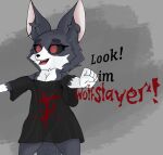  absurd_res ammy_(archerteamr_artist) anthro archerteamr_artist black_body black_fur canid canine canis clothed clothing digital_media_(artwork) domestic_dog english_text fan_character female fur hi_res hybrid mammal simple_background smile solo text white_body white_fur wolf wolfdog 