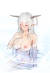  1girl arknights breasts cleavage closed_eyes completely_nude elsi hair_between_eyes highres horns long_hair navel nipples nude partially_submerged pointy_ears shining_(arknights) smile solo 