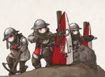  3girls aiming armed_crossbow armor belt boots brown_hair crossbow gambeson gloves helmet highres holding holding_crossbow holding_weapon ironlily kettle_helm long_hair medieval multiple_girls original sheath shield standing sword weapon 