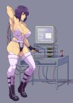  1girl absurdres armpits bare_shoulders black_gloves breasts brown_eyes can cirenk collarbone computer cyborg fingerless_gloves floppy_disk ghost_in_the_shell ghost_in_the_shell_stand_alone_complex gloves grey_background highleg highleg_leotard highres holding kusanagi_motoko large_breasts leotard light_smile looking_at_viewer medium_hair monitor parted_lips purple_hair purple_leotard revealing_clothes soda_can standing strapless table thighhighs wire 