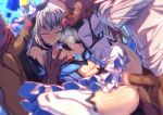  1girl bangs bare_shoulders black_gloves blue_eyes breasts bronya_zaychik bronya_zaychik_(herrscher_of_reason) closed_mouth double_handjob double_penetration gloves group_sex hair_ornament handjob honkai_(series) honkai_impact_3rd lao_meng long_hair navel orgy sex spread_legs thighhighs 