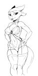  absurd_res anthro bottomwear breasts choker claws clothed clothing female hands_on_hips hi_res horn inktober_2020 jewelry kobold legwear monochrome navel necklace non-mammal_navel open_mouth scalie simple_background sketch skimpy solo thigh_highs vistamage 