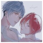  2boys aizome_kento aru_iru b-project blue_eyes blue_hair collared_shirt heterochromia highres light_blue_hair looking_at_viewer male_focus multiple_boys onzai_momotarou parted_lips red_eyes red_hair shirt short_hair teeth white_background white_shirt yaoi 