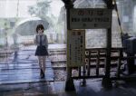  1girl brown_eyes brown_hair cloud cloudy_sky collared_shirt full_body holding holding_umbrella loafers looking_at_viewer necktie original outdoors plaid plaid_skirt pleated_skirt railroad_tracks rain sakeharasu scenery shirt shoes short_hair skirt sky sleeves_rolled_up solo striped_necktie train_station umbrella wet white_shirt 