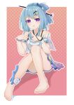  1girl absurdres bangs bare_shoulders barefoot blue_hair border dress full_body griseo hair_ornament highres honkai_(series) honkai_impact_3rd huangtielin357 looking_at_viewer open_mouth outline pink_background polka_dot polka_dot_background purple_eyes solo sundress toes white_border white_dress white_outline 