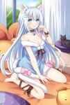  1girl :o animal_ear_fluff animal_ears ankle_ribbon bare_legs bare_shoulders between_legs black_collar black_ribbon blue_dress blue_eyes blue_gemstone blush bow breasts cat cat_ears cat_girl cat_tail cleavage collar date_a_live day dress full_body fur-trimmed_dress fur_trim gem hair_between_eyes hair_ornament hairclip hand_between_legs highres indoors leg_ribbon legs_apart lewdkuma long_hair looking_at_viewer medium_breasts no_humans off-shoulder_dress off_shoulder official_alternate_costume on_bed paw_pose pink_bow red_collar ribbon sitting solo stuffed_toy tail tobiichi_origami very_long_hair wariza white_hair wrist_ribbon 