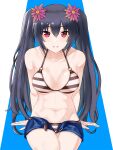  1girl bare_arms bare_shoulders black_hair breasts denim denim_shorts flower hair_between_eyes hair_flower hair_ornament happy highres long_hair looking_at_viewer medium_breasts navel neptune_(series) noire_(neptune_series) red_eyes shorts sitting smile solo swimsuit twintails very_long_hair zatsu 