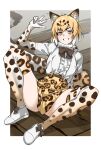  1girl absurdres animal_ear_fluff animal_ears bangs belt black_bow black_bowtie blonde_hair bow bowtie center_frills commentary elbow_gloves frills full_body fur_collar gloves gradient_hair grin highres jaguar_(kemono_friends) jaguar_print kemono_friends looking_at_viewer multicolored_hair print_gloves print_skirt print_thighhighs shirt shoes short_hair short_sleeves sitting skirt smile solo spread_legs tanabe_(fueisei) w white_footwear white_hair white_shirt yellow_eyes zettai_ryouiki 