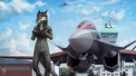  aircraft airplane anthro blue_sky cereus93 cheek_tuft clothed clothing cloud detailed_background ears_back facial_tuft fur green_eyes green_uniform grey_body grey_fur holding_note_pad jet male mouth_closed outside pivoted_ears sergal sky solo standing tuft white_body white_fur 