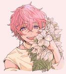  1boy ashu_yuuta b-project bouquet flower freckles holding holding_bouquet looking_at_viewer male_focus multicolored_eyes open_mouth p4cnoo pink_eyes pink_hair purple_eyes shirt short_hair smile solo white_background white_flower white_shirt 