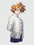  1boy arms_behind_back blonde_hair blue_eyes chinese_clothes closed_mouth cropped_legs dragon_ball dragon_ball_z grey_background jacket kemachiku long_sleeves looking_at_viewer male_focus pants purple_pants short_hair simple_background smile solo son_gohan spiked_hair super_saiyan tangzhuang white_jacket 