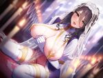  1girl bangs black_hair blurry blurry_background blurry_foreground blush breast_curtains breasts bridal_veil candle chain church commentary_request covered_nipples dutch_angle elbow_gloves game_cg gloves gold_chain habit hair_between_eyes indoors jewelry large_breasts long_bangs long_hair looking_at_viewer navel nun ogre_(illustogre) on_floor open_mouth original own_hands_clasped own_hands_together revealing_clothes ring saliva_drip sitting solo thighhighs tongue tongue_out veil wariza wedding_ring white_gloves white_thighhighs white_veil yellow_eyes 