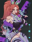 1girl animal_ears arm_support bangs bare_shoulders battle_bunny_miss_fortune black_gloves breasts brown_hair covered_nipples emmanuel_viola fake_animal_ears fingerless_gloves gloves gun hand_up heart holding holding_gun holding_weapon large_breasts league_of_legends long_hair miss_fortune_(league_of_legends) off_shoulder pink_eyes playboy_bunny ponytail rabbit_print red_lips shiny_clothes smile solo thighhighs weapon 