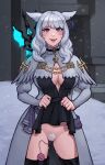  1girl :d bangs black_thighhighs breasts cleavage_cutout clothes_lift clothing_cutout dress egg_vibrator fangs female_pubic_hair final_fantasy final_fantasy_xiv grey_dress grey_hair highres large_breasts lily_amlodd_(sneakveek) long_hair long_sleeves no_panties object_insertion pubic_hair pussy pussy_juice sex_toy smile sneakveek solo teeth thighhighs upper_teeth_only vaginal vaginal_object_insertion vibrator vibrator_in_thighhighs weapon weapon_on_back 