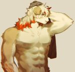  1boy abs absurdres arknights arm_up furry furry_male highres holding holding_towel horns hung_(arknights) long_hair looking_to_the_side male_focus multicolored_hair muscular muscular_male mythological_creature orange_eyes pectorals pu94_d1de4c simple_background single_horn topless_male towel upper_body 