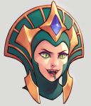  1girl bangs cassiopeia_(league_of_legends) cropped_head fangs forked_tongue gem green_eyes grey_background highres league_of_legends simple_background slit_pupils smile sneakveek solo teeth tongue tongue_out upper_teeth_only 