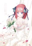  &gt;:) 1girl :p bangs bare_shoulders black_ribbon blue_eyes blue_nails blunt_bangs blush bouquet breasts butterfly_hair_ornament chicke_iii cleavage clenched_hand closed_mouth commentary_request curtains dress eyelashes falling_petals floral_print flower frilled_dress frilled_sleeves frills go-toubun_no_hanayome hair_ornament hair_ribbon highres holding holding_flower large_breasts leaf long_dress long_sleeves medium_hair nakano_nino open_hand outstretched_arm petals pink_hair reaching_towards_viewer ribbon rose see-through see-through_sleeves simple_background smile solo straight_hair tongue tongue_out two_side_up v-shaped_eyebrows wedding wedding_dress white_background white_dress white_flower white_ribbon white_rose 