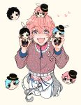  3boys aizome_kento ashu_yuuta b-project black_eyes black_hair blue_hair freckles highres holding holding_stuffed_toy kaneshiro_goushi long_sleeves looking_at_viewer male_focus multiple_boys open_mouth p4cnoo pink_hair short_hair sketch stuffed_toy thrive_(b-project) white_background 