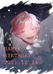  2021 3boys aizome_kento aru_iru ashu_yuuta b-project character_name dated double_arm_hug fangs freckles happy_birthday highres kaneshiro_goushi long_sleeves looking_at_viewer male_focus multiple_boys pink_eyes pink_hair scarf short_hair smile snow snowing teeth thrive_(b-project) 