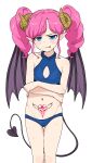  1girl :q aikatsu! aikatsu!_(series) amahane_madoka bare_shoulders bikini blue_bikini blue_eyes blush curled_horns demon_girl demon_horns demon_tail flat_chest heart heart-shaped_pupils highres horns looking_at_viewer medium_hair monsterification osame pink_hair pointy_ears pubic_tattoo simple_background solo standing sweat swimsuit symbol-shaped_pupils tail tattoo thigh_gap tongue tongue_out twintails white_background 