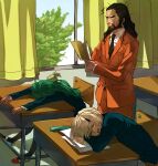  1girl 2boys barda beard black_facial_hair black_hair blonde_hair book chair classroom curtains deltora_quest desk facial_hair filli green_hair holding holding_book indoors inlila jasmine_(deltora_quest) lief_(deltora_quest) long_hair long_sleeves messy_hair multiple_boys school school_chair school_desk school_uniform sitting sleeping teacher_and_student window 