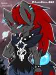  anthro black_body black_hair blue_eyes bone bottomwear canid canine clothing collar ear_piercing fox generation_5_pokemon hair lewd_symbolism lewdchuu_(artist) male mammal melon_(lewdchuu) nintendo pants piercing pokemon pokemon_(species) red_hair scar shirt skull solo tongue tongue_out topwear zoroark 