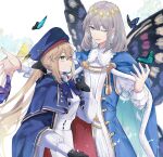  1boy 1girl artoria_caster_(fate) artoria_caster_(second_ascension)_(fate) artoria_pendragon_(fate) beret black_gloves blonde_hair blue_cape blue_eyes bow bug butterfly butterfly_on_nose butterfly_wings cape crown fate/grand_order fate_(series) gloves green_eyes grey_hair hat highres long_hair nigiri oberon_(fate) one_eye_closed wings 