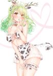  1girl ahoge animal_ears animal_print antlers apron bare_shoulders bell bikini blush bra ceres_fauna cow_ears cow_horns cow_print cow_tail cowbell cross-laced_bikini cross-laced_clothes frilled_bra frills green_hair green_nails heart heart_ahoge highres hololive hololive_english horns long_hair midriff mole mole_under_eye neck_bell open_mouth print_bikini puppypaww see-through shiny_skin side-tie_bikini_bottom simple_background solo swimsuit tail underwear virtual_youtuber waist_apron white_background yellow_eyes 
