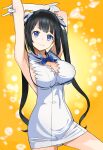  1girl :3 absurdres armpits arms_up bangs black_hair blue_bow blue_bowtie blue_eyes blue_ribbon blunt_bangs blush bow bowtie breasts cleavage closed_mouth commentary covered_navel dress dungeon_ni_deai_wo_motomeru_no_wa_machigatteiru_darou_ka elbow_gloves gloves hair_ribbon hestia_(danmachi) highres kanata_(chack_fastener) large_breasts long_hair looking_at_viewer orange_background pencil_dress rei_no_himo revision ribbon sleeveless sleeveless_dress smile solo twintails very_long_hair white_dress white_gloves white_ribbon 