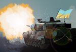  cannon explosion flag ground_vehicle leopard_2 matsuda_juukou military military_vehicle motor_vehicle no_humans original tank ukraine ukrainian_flag vehicle_focus 