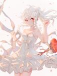  1girl 9-nine- armpits bangs bare_arms bare_shoulders blush bouquet bow braid breasts bride cleavage closed_mouth collarbone dress expressionless falling_petals flower frilled_dress frills grey_hair hair_ribbon hands_up long_hair looking_to_the_side medium_breasts miscanthus niimi_sora petals ponytail red_eyes red_flower red_rose ribbon rose simple_background single_braid sleeveless sleeveless_dress solo standing wavy_hair wedding_dress white_background white_bow white_dress wind wind_lift 