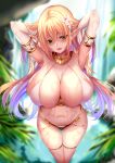  1girl armpits arms_up bangs blonde_hair blurry blurry_background blush breasts cleavage elf green_eyes highres kuro_(tbm9187) large_breasts long_hair looking_at_viewer mole mole_under_eye multicolored_hair navel open_mouth original outdoors pointy_ears purple_hair smile thighlet thighs wet 