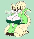  anthro belly big_breasts blonde_hair bra breasts brown_eyes caroline_(lewdchuu) chesnaught claws clothing eyewear female generation_6_pokemon glasses green_bra green_clothing green_underwear hair hi_res huge_breasts lewdchuu_(artist) navel nintendo pokemon pokemon_(species) solo underwear white_body 