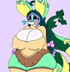  anthro big_breasts big_ears bodily_fluids bottomwear breast_milking breasts clothed clothing ear_piercing eyewear female generation_5_pokemon glasses green_body green_hair hair hi_res huge_breasts lactating lewdchuu_(artist) milk nintendo piercing pokemon pokemon_(species) purple_eyes reptile scalie serperior shame shirt skirt snake solo topwear 