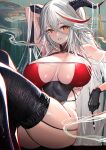  1girl absurdres aegir_(azur_lane) aegir_(golden_dragon_among_auspicious_clouds)_(azur_lane) alternate_costume arm_up azur_lane bangs black_gloves black_thighhighs breasts dragon_horns garter_straps gloves highres holding holding_brush horns kaki_z3 large_breasts long_hair multicolored_hair official_alternate_costume paintbrush revealing_clothes smoke solo streaked_hair swept_bangs thighhighs white_background yellow_eyes 