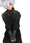  1boy black_robe blood blood_on_clothes blood_on_face bound bound_wrists gabimaru hair_over_one_eye highres jigokuraku looking_at_viewer robe short_hair simple_background solo ufkqz white_background white_hair 