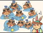  2023 alice_detective_bureau anthro blush bodily_fluids brown_body clothing eyes_closed hat headgear headwear inspector_arai japanese_text kemono lagomorph leporid male mammal multiple_poses necktie okudami overweight overweight_male police police_badge police_uniform pose procyonid rabbit raccoon shirt surprise sweat text topwear uniform 