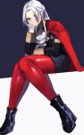  1girl :t black_footwear boots cape closed_mouth edelgard_von_hresvelg eyelashes fire_emblem fire_emblem:_three_houses garreg_mach_monastery_uniform gloves hair_intakes hair_ribbon hand_on_own_cheek hand_on_own_face hand_up high_heel_boots high_heels highres juliet_sleeves knees_together_feet_apart legs long_hair long_sleeves pantyhose puffy_sleeves purple_eyes purple_ribbon red_cape red_pantyhose ribbon seinikuten shiny_clothes shiny_footwear shiny_legwear shiny_pantyhose sitting solo twitter_username uniform white_gloves white_hair 