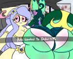  &lt;3 &lt;3_eyes anthro big_butt bottomwear butt clothing dress duo english_text female female/female generation_3_pokemon generation_5_pokemon green_hair grey_body hair he_wants_to_order hi_res huge_butt lewdchuu_(artist) meme milotic nintendo pokemon pokemon_(species) purple_body serperior shiny_pokemon shorts text yellow_body 