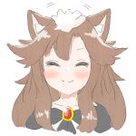  1girl 1other animal_ears bangs brown_hair closed_eyes closed_mouth disembodied_head facing_viewer hair_flaps headpat highres imaizumi_kagerou long_hair runi_h simple_background smile touhou upper_body white_background wolf_ears wolf_girl 