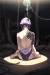  1girl absurdres back bare_shoulders barefoot cable cyborg ghost_in_the_shell ghost_in_the_shell_stand_alone_complex highleg highleg_leotard highres kusanagi_motoko leotard medium_hair purple_hair science_fiction silent-bird sitting spotlight wire 