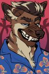  absurd_res aloha_shirt anthro brown_body brown_fur clothing ear_piercing fetishame flower fur hi_res hibiscus hyena male mammal palm_tree pattern_clothing pattern_shirt pattern_topwear piercing plant shirt smile smirk snarling solo striped_hyena topwear tree 